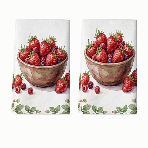 Strawberries Kitchen Towels Set of 2, Summer Garden Bowl Raspberries Summer Red Drying Reusable Tea Towels New Home Essentials 16x24 Inch