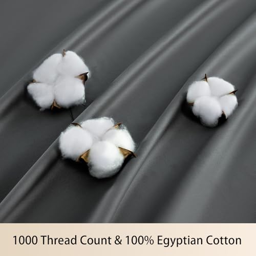 MEISHANG Extra Deep Pocket Queen Sheets Cotton - 1000 Thread Count Sheets - Fits 18"-24" in Deep Mattress,100% Egyptian Cotton,Sateen Weave, Soft & Breathable - 4 Piece (Queen, Dark Grey)