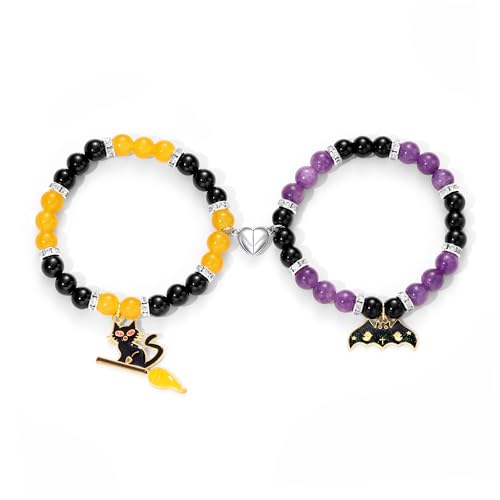 Halloween Bracelets Halloween Gifts for Women Halloween Themed 2 Pcs Beaded Matching Bracelets with Pumpkin Bat Ghost Grim Reaper Charm Accessories Halloween Party Decorations Jewelry