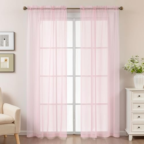 Image of Pink Sheer Curtains 84 Inches Long, Privacy Semi Sheer Curtains for Living Room Bedroom, Light Filtering Rod Pocket Voile Window Drapes 2 Panels Set, Each 42 inch W x 84 inch L