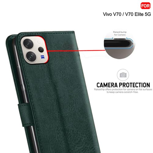 Image of TheGiftKart Genuine Leather Finish Flip Back Cover Case for Vivo V70 5G / V70 Elite 5G | Inbuilt Pockets & Stand | Wallet Style | Designer Button Magnet Flip Back Cover Case (Faux Leather, Green)