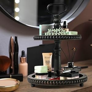 Handmade Two Tiered Tray Stand, Small Beaded Tiered Seasonal Tray Decor, Black Wooden Kitchen Serving Tray for Coffee Food Fruits Cupcakes, Home Decor Holiday Display Handmade Two Tiered Tray Stand Small Beaded Tiered Seasonal Tray Decor Black Wooden Kitchen Serving Tray for Coffee Food Fruits Cupcakes Home Decor Holiday Display