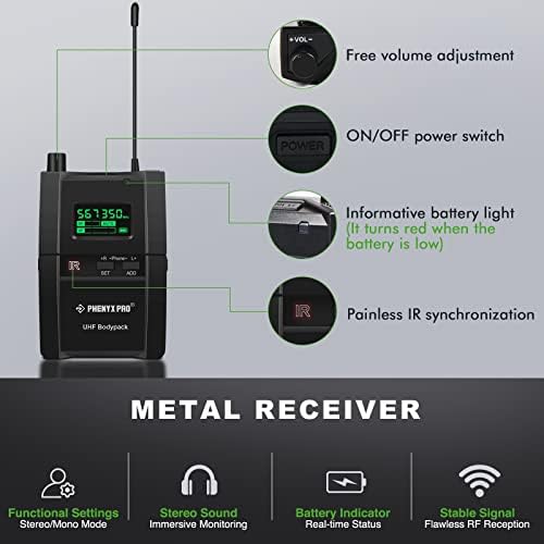 Phenyx Pro UHF Stereo Wireless in Ear Audio Monitor System, Selectable Frequency 500MHz Band, Rack Mountable, 160 ft. Operation, Ideal for Stage, Studio, Exhibit, Lecture, Speech (PTM-10)