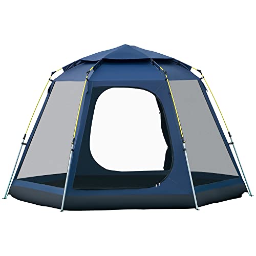 Outsunny 6 Person Pop Up Tent, Waterproof Family Camping Tent with Rainfly, 2 Doors, 4 Mesh Windows, Easy Set Up, Portable with Carry Bag for Camping, Hiking, Traveling, Dark Blue