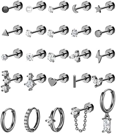 YADOCA 25pcs Hypoallergenic Flat Back Earrings 20G Cartilage Tragus Conch Piercing Jewelry Surgical Stainless Steel Flatback Stud Earrings For Women Small Hoop Earring Set for Multiple Piercing Gold/Silver(𝐒𝐢𝐧𝐠𝐥𝐞 𝐄𝐚𝐫𝐫𝐢𝐧𝐠𝐬 𝐍𝐨𝐭 𝐀 𝐏𝐚𝐢𝐫)