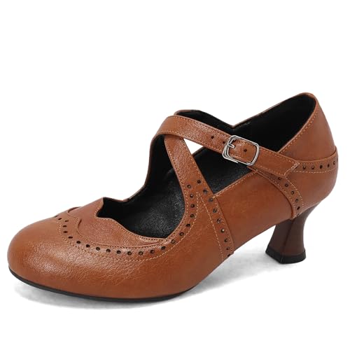 Women's Vintage Wingtip Oxfords Ankle Strap Cut Out Low Heel Brogue for Women