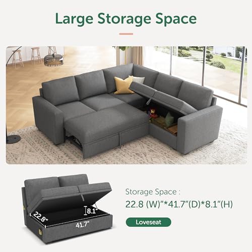HONBAY Modular Sectional Sleeper Sofa with Pull Out Bed,Corduroy U Shaped Couch with Storage, Sectional Couches for Living Room,Green