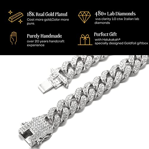 Halukakah Gold Chain Iced Out For Men,Men's 14Mm Miami Cuban Link Chain Choker Necklace 18In(45Cm) Platinum White Gold Finish,Full Cz Diamond Cut Prong Set,Gift For Him #TOP3
