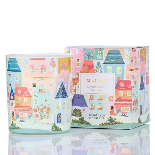M&SENSE Candele profumate in barattolo Menta Lime|290g Candela di soia naturale con 55h di durata|Architettura a mano dipinta con graffiti|Dolce accessorio per la casa e regalo per donne|Fragranza