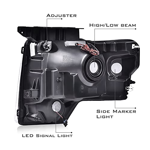 Image of G-PLUS LED Tube Headlights Assemblies Compatible with Ford F150 2009-2014 Headlamps Left Driver & Right Passenger Side Clear Lens Chrome Housing Amber Reflector