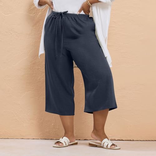 Plus Size Cropped Linen Pants Women Wide Leg Flowy Beach Pants with Pockets Lightweight Lounge Trousers2