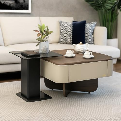 Image of Royaloak Verona Italian Square Coffee Table Set of 2 | Nesting Coffee Table for Living Room with Drawer Storage & Upholstered Cabinet | Glass & Wooden Material with Coordinated Design