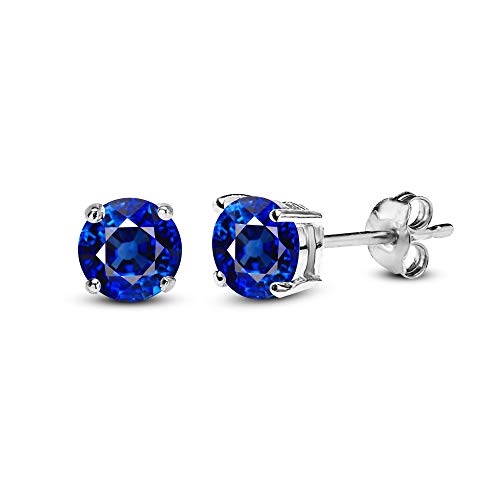 Gemstar Jewellery 925 Sterling Silver Round Blue Sapphire 14K White Gold Plated Stud Solitaire Earrings