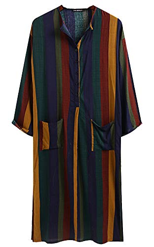 Hotmiss Men's Striped Robe Button Up Long Sleeve Kaftan Thobe Splits Long Gown Casual Shirt3