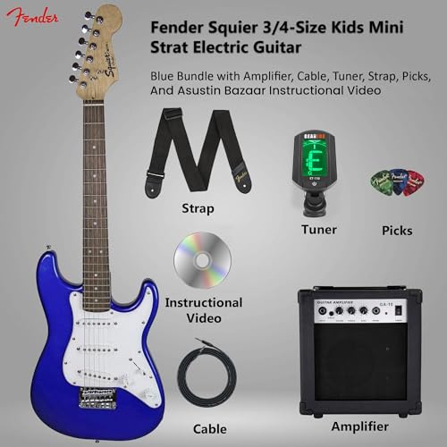 Image of Fender Squier 3 /4-Size Kids Mini Strat Electric Guitar - Blue Bundle with Amplifier, Cable, Tuner, Strap, Picks, and Austin Bazaar Instructional DVD