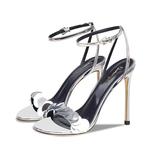 Image of Women's 3.9IN High Heel Sandals Open Toe Strappy Slingback with Lace Flower Detail - Stiletto Heel Summer Dress Shoes for Wedding /Party
