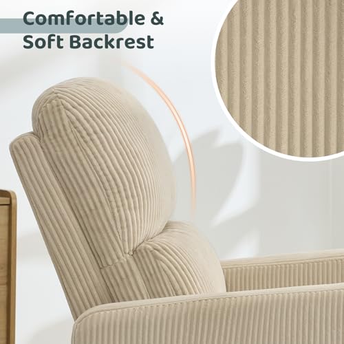Image of Swivel Rocker Recliner, Oversized Power Recliner Nursery Glider with Removable Cushion, Upholstered Corduroy Swivel Reclining Chairs for Nursery Living Room Bedroom, Camel