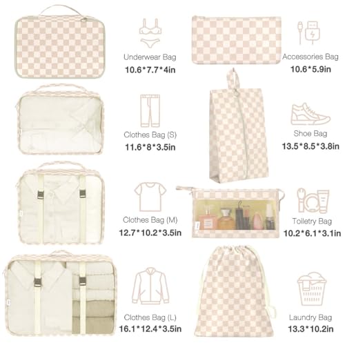 Image of Packing Cubes for Travel, Packing Cubes with Shoe, Cosmetics, Clothing,and Accessories Bags, Travel Cubes for Packing Suitcase Organizer for Women Men, Khaki Grid-A, Large