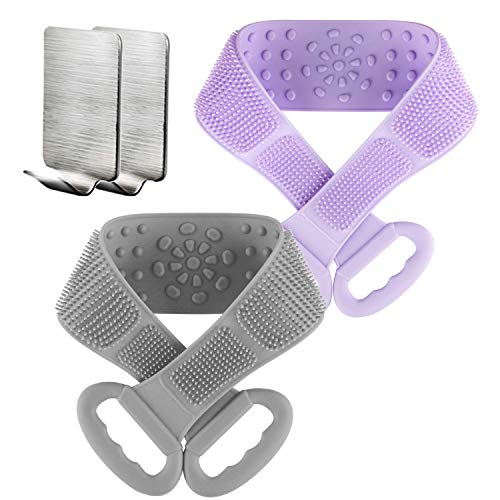 HOPESO Silicone Back Scrubber for Shower, Silicone Bath Body Brush, Easy to Clean - Exfoliating Improve Your Circulation, Includes Stainless Steel Hook (31.5inch, Gray&Purple)