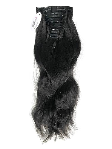 Image of SkyHair 100% Remy Human Hair Extensions - 6-Piece Set with 13 Clips for Instant Volume & Length - Soft, Tangle-Free, Reusable Clip-In Hair - 20 Inches, Natural Black