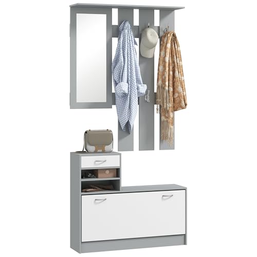 HOMCOM Recibidor de Entrada con Espejo Perchero y Zapatero Mueble de Recibidor de 2 Piezas con 6 Ganchos Estantes y Cajón Abatible para Pasillo Gris Oscuro