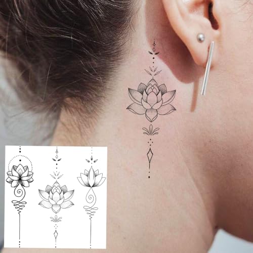Image of Bilizar 12 Sheets Lotus Crescent Arrow Temporary Tattoos For Women Adults Finger Hand Neck Tattoo Sticker, Realistic Crescent Lotus Chain Pendant Fake Jewelry Tattoos Long Lasting Body Art Temp Tatoos