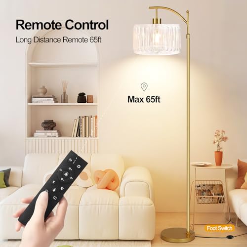 Image of QIYIZM Glass Floor Lamp for Living Room,Bedroom,Gold Dimmable Standing Lamp with Remote,Brass White Tall Lamp Boho Mid Century Modern Floor Lamps Arc Floor Light Lamp Girls Kids Bohemian