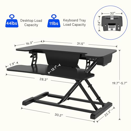 FLEXISPOT Motorized Standing Desk Converter 32" Black Electric Height Adjustable Stand up Desk Riser with Quick Release Keyboard Tray