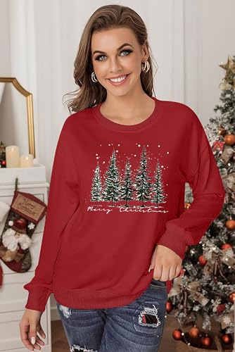 Image of PECHAR Christmas Tree Sweatshirts Women Pine Tree Print Shirts Nature Lover Gift Casual Tee Long Sleeve Xmas Pullover