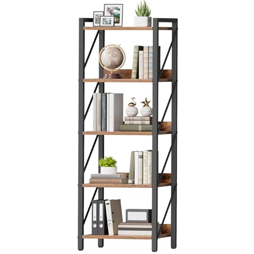 Image of HOOBRO Bookshelf, 5-Tier Industrial Bookcase, Book Shelf Storage Organizer, Tall Bookshelf with Metal Frame for Living Room, Bedroom, Home Office, Kitchen, Rustic Brown and Black BF73SJ01