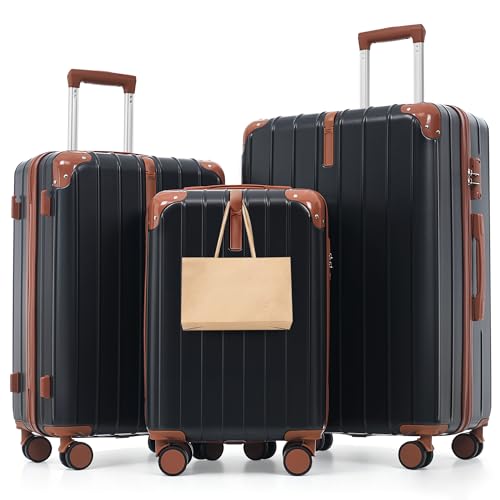 Image of Hardside Luggage Sets, Lightweight Stripes Suitcase with Spinner Wheels, Black