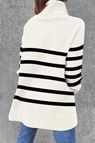 Image of Women's Turtleneck Oversized Sweaters Long Sleeve Split Hem Striped Knit Pullover Tops