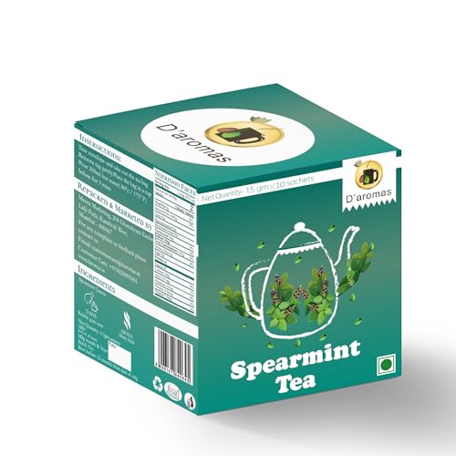 Image of D'aromas Spearmint Tea Bags | Pure spearmint Infusion | Cool & Refreshing Mint Flavor | Soothing Aroma | 10 Tea Bags (1.5g Each) | D'aromas Herbal Tea