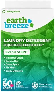 Earth Breeze Laundry Detergent Sheets - Fresh Scent - No Plastic Jug (60 Loads) 30 Sheets, Liquidless Technology…
