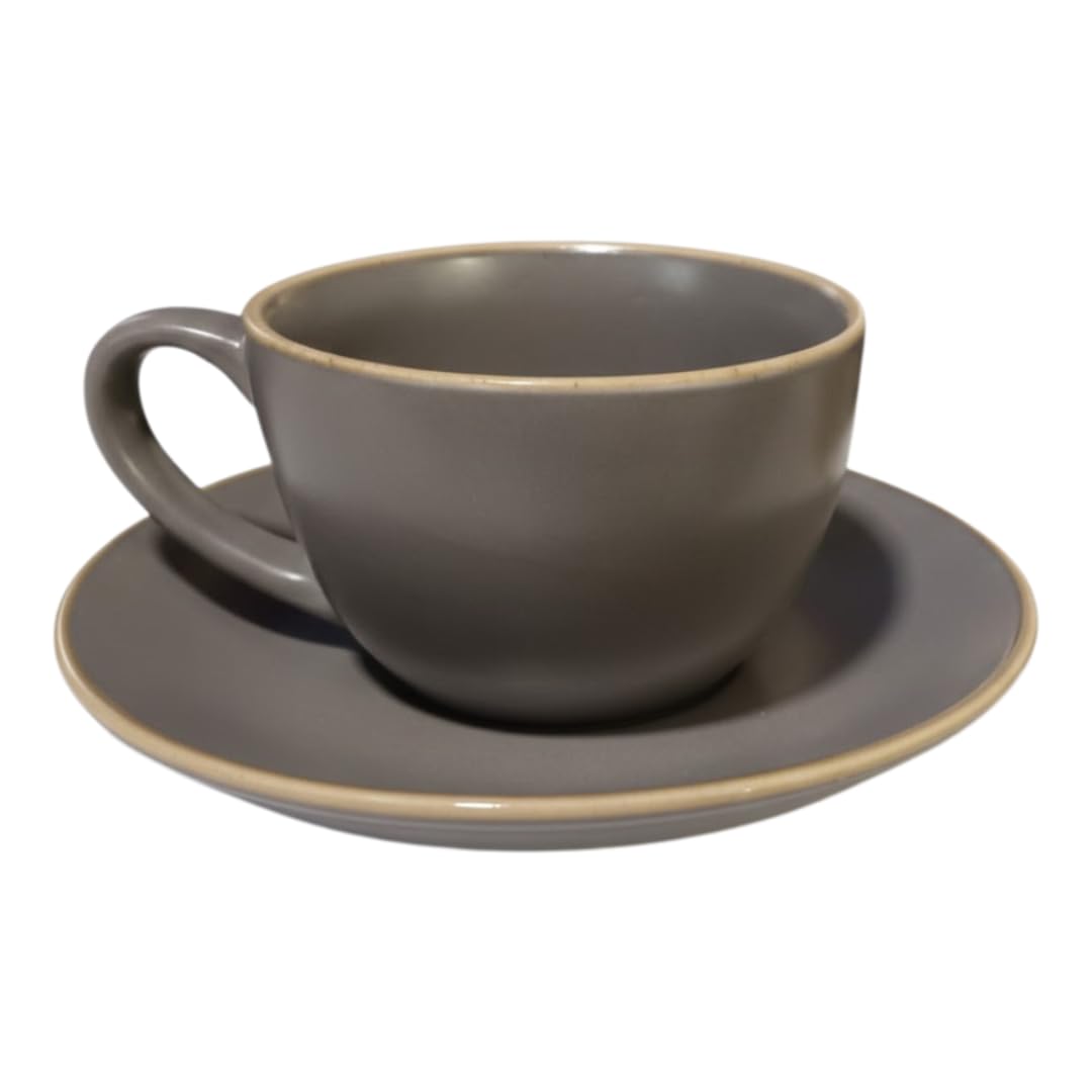 Grey Stoneware Cappuccino Cup & Saucer Set | Barista Style Coffee Cup | Ideal for Café, Home & Office Use (180ml)