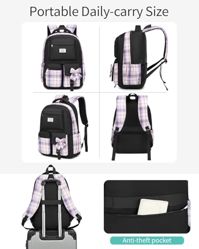 Image of 3 Packs Girls Backpack Teen Girls Bookbag with Lunch Box, Big Student School Backpack for Middle High School College Women Cute Schoolbag for Kids Teenage Back Pack, Black Purple