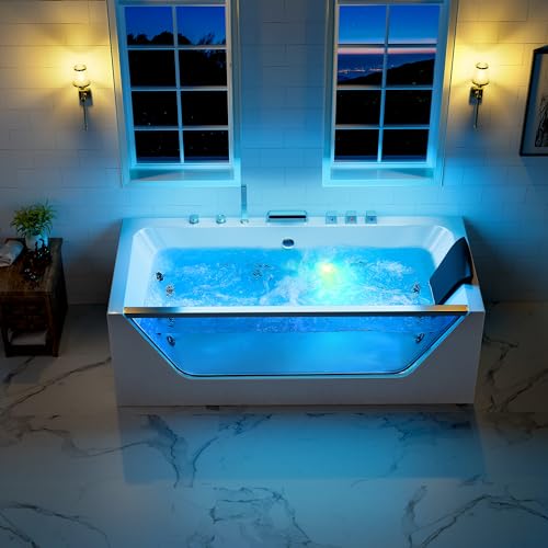 67' Whirlpool Hydro Massage Tub with Chromatherapy, Hydrotherapy Jetted Bathtub with Glass Panel...