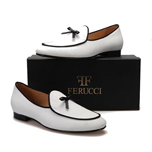 FERUCCI Handmade Men White Fabric Loafer with Bow Slippers2