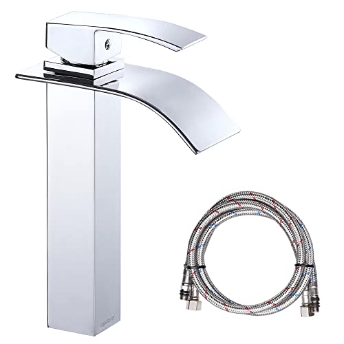 Black Friday Clearance Aquaterior Waterfall Spout Single Handle Bathroom Vessel Sink Faucet with with Mixer Tap 2 Hoses One Hole Tall Bath RV Faucet Chrome(CUPC NSF CEC)