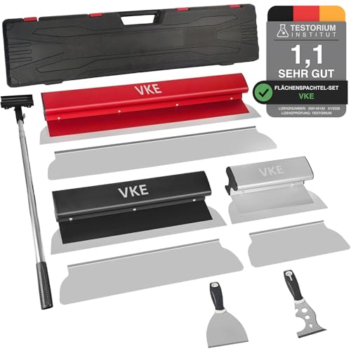 VKE Flächenspachtel Set Profi 8 Arten Spachtel Set Werkzeug Spachtel Werkzeugkasten und 1-2 1 m Lange Teleskopstange 250/400/600 mm Rechtwinklige/Gebogene Winkelklingen