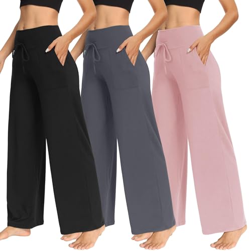 Image of TNNZEET 3 Pack Women's Wide Leg Pants with Pockets - Casual Loose Yoga Trouser Pants Sweatpants Palazzo Lounge Pajama Pants