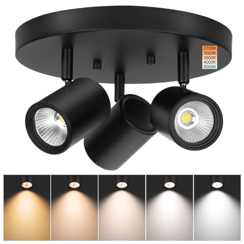 Xbuyee Luz LED multidireccional 5CCT, 3 lámparas, 3 cabezales, luz de techo, luz semiempotrada, 2700/3000/3500/4000/5000K seleccionable, foco LED de techo de 15W negro regulable para cocina
