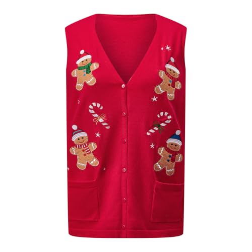 Image of KMBANGI Women Christmas Button Sweater Vest Embroidery Sleeveless Cardigan