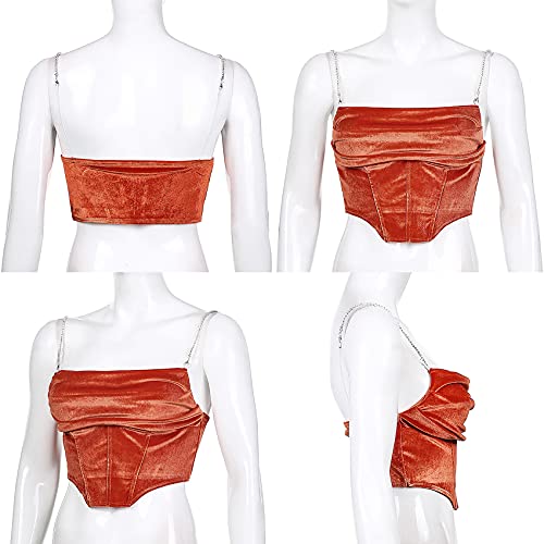 Leomoste LEYF-21042485S-01L Women Sexy Corset Crop Top Glitter Rhinestone Spaghetti Strap Bustier Tank Top Stretchy Clubwear Cami Shirt Orange thumb #5