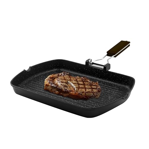 Zanetti, Bistecchiera 26 x 36 cm, Piastra grill in Alluminio Pressofuso ad Alto Spessore, Piastra Grill adatta ai Piani ad Induzione, Manico Pieghevole