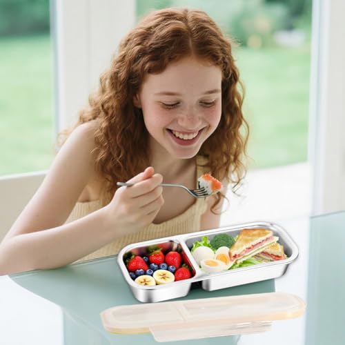 Zinueen Snackbox mit Fächern Edelstahl – 2-fach unterteilte Snackdose mit Deckel, auslaufsicher | Snackteller To Go für Kinder, Nüsse, Gemüse, Reisen & Picknick