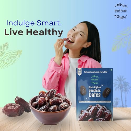 Image of Khari Foods Premium Black Afghan Seedless Dates, Easy To Consume, High Fibre, Soft Dry Fruit Khajur /khajoor, Energy Feel Good Snacks, No Added Sugar (400g (Pack 2))