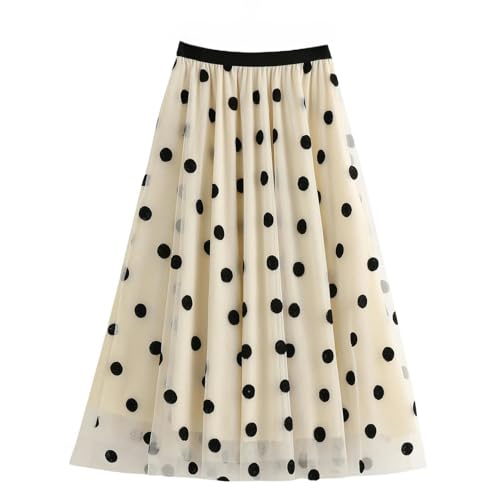 GAGALU Tulle Skirts Women's Mesh Long Skirt Polka Dot Embroidered Skirt-Apricot-OneSize