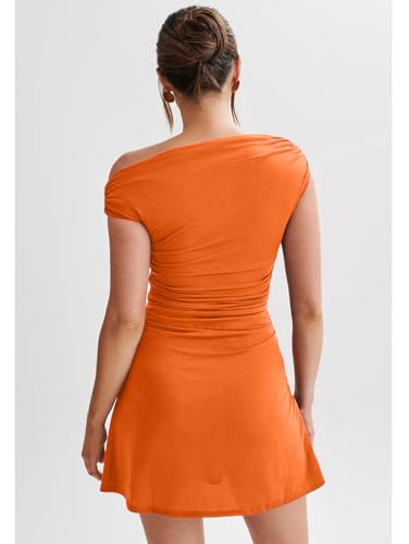 Image of LAGSHIAN Womens Off Shoulder Sleeveless Ruched Flare Mini Dress | Sexy,Summer,Slim Fit,Stretch,Trendy,Double Layer,A-line,Cocktail Party,Club,Night Out,Date,Asymmetrical Shoulder