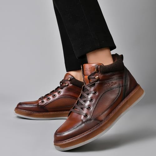 Image of Men's Brown Leather Sneaker Boots Casual Oxford Boot Comfy Shoes for Men Mid-Top Lace Up Fashion Shoe 9